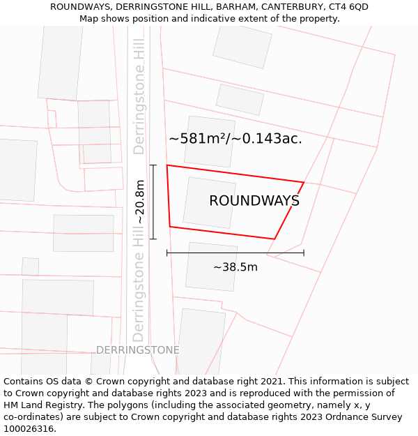 ROUNDWAYS, DERRINGSTONE HILL, BARHAM, CANTERBURY, CT4 6QD: Plot and title map