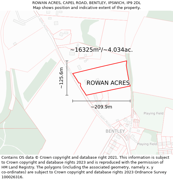 ROWAN ACRES, CAPEL ROAD, BENTLEY, IPSWICH, IP9 2DL: Plot and title map