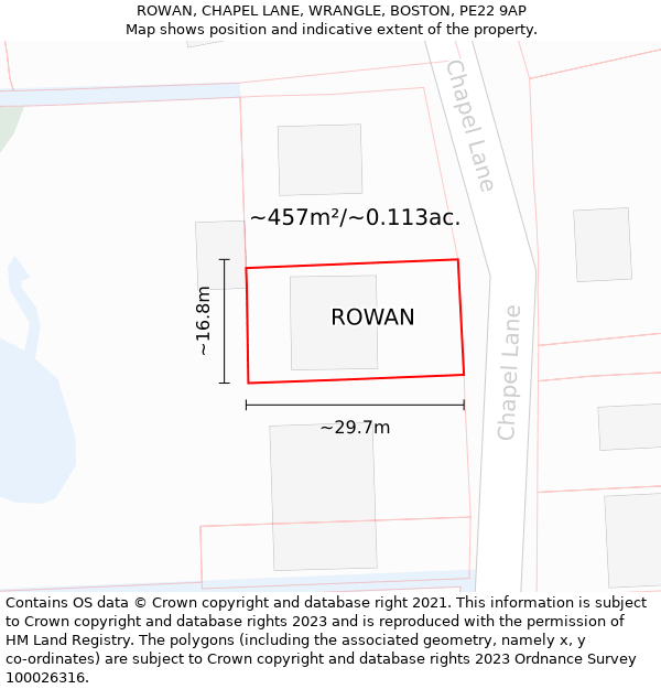 ROWAN, CHAPEL LANE, WRANGLE, BOSTON, PE22 9AP: Plot and title map