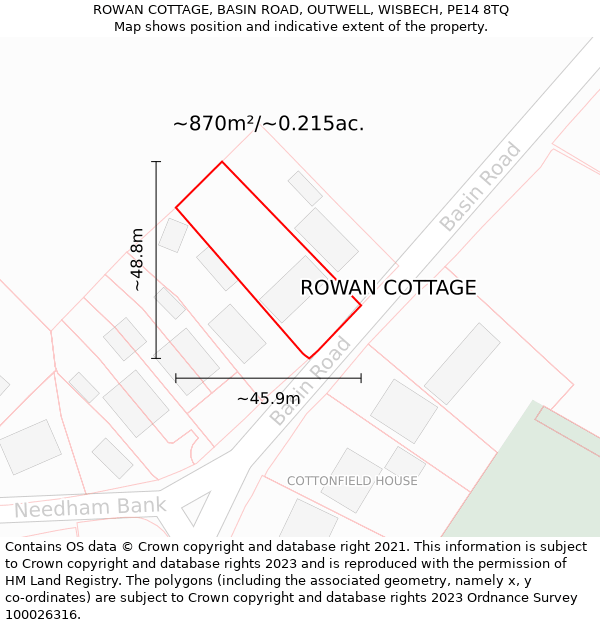 ROWAN COTTAGE, BASIN ROAD, OUTWELL, WISBECH, PE14 8TQ: Plot and title map