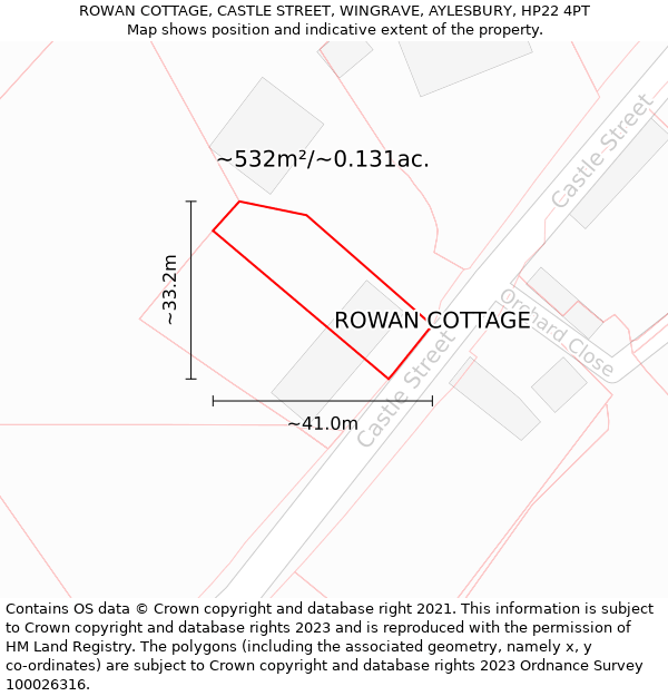 ROWAN COTTAGE, CASTLE STREET, WINGRAVE, AYLESBURY, HP22 4PT: Plot and title map