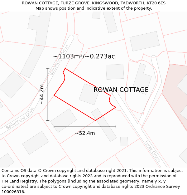 ROWAN COTTAGE, FURZE GROVE, KINGSWOOD, TADWORTH, KT20 6ES: Plot and title map