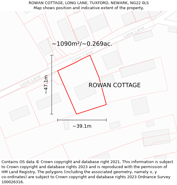 ROWAN COTTAGE, LONG LANE, TUXFORD, NEWARK, NG22 0LS: Plot and title map