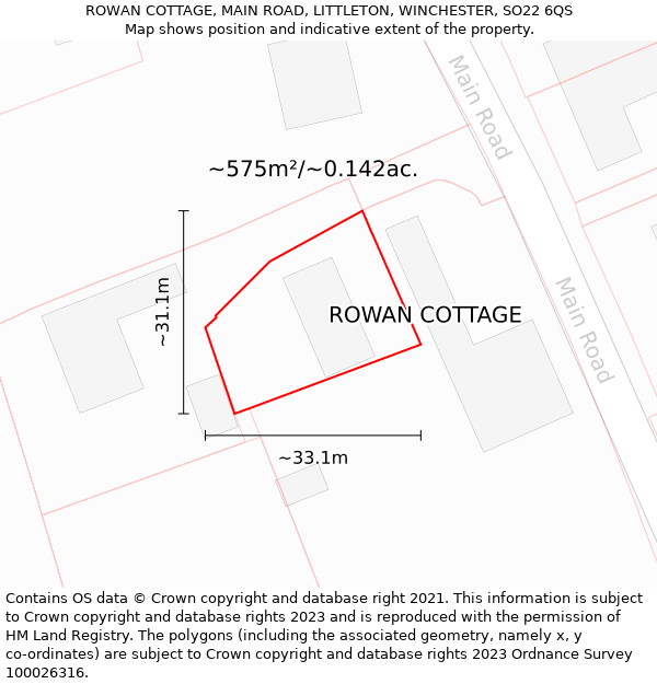 ROWAN COTTAGE, MAIN ROAD, LITTLETON, WINCHESTER, SO22 6QS: Plot and title map