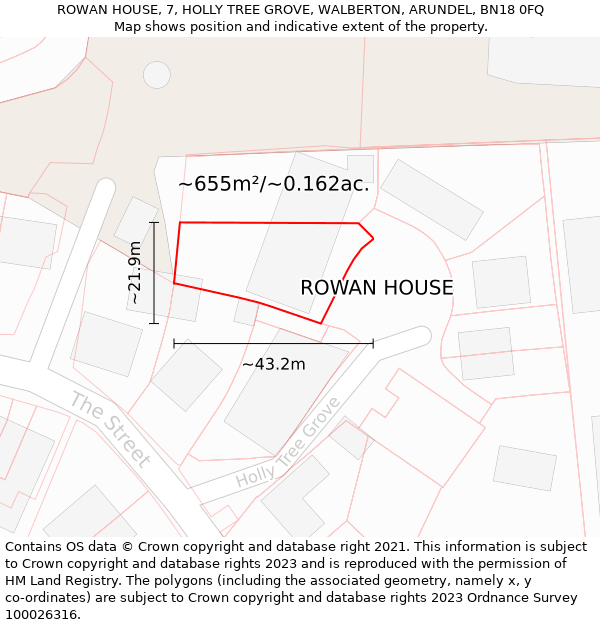 ROWAN HOUSE, 7, HOLLY TREE GROVE, WALBERTON, ARUNDEL, BN18 0FQ: Plot and title map