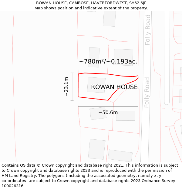 ROWAN HOUSE, CAMROSE, HAVERFORDWEST, SA62 6JF: Plot and title map