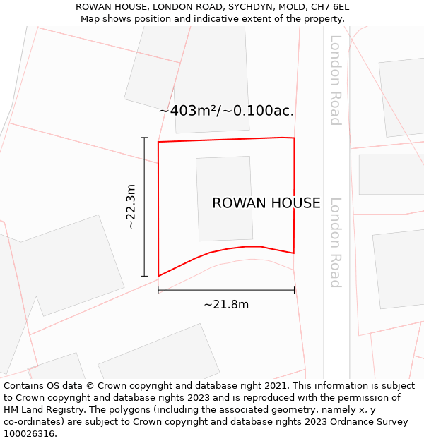 ROWAN HOUSE, LONDON ROAD, SYCHDYN, MOLD, CH7 6EL: Plot and title map