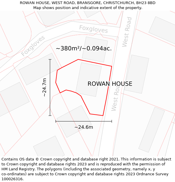 ROWAN HOUSE, WEST ROAD, BRANSGORE, CHRISTCHURCH, BH23 8BD: Plot and title map