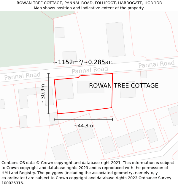 ROWAN TREE COTTAGE, PANNAL ROAD, FOLLIFOOT, HARROGATE, HG3 1DR: Plot and title map