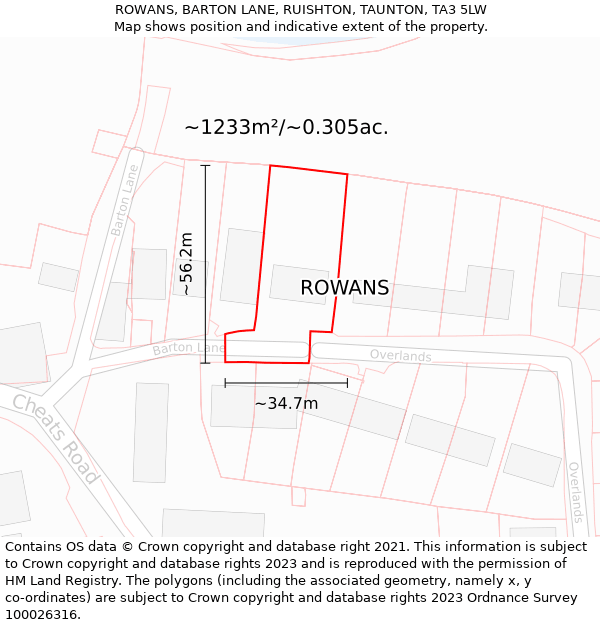 ROWANS, BARTON LANE, RUISHTON, TAUNTON, TA3 5LW: Plot and title map