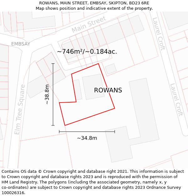 ROWANS, MAIN STREET, EMBSAY, SKIPTON, BD23 6RE: Plot and title map