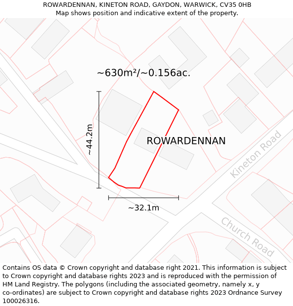 ROWARDENNAN, KINETON ROAD, GAYDON, WARWICK, CV35 0HB: Plot and title map