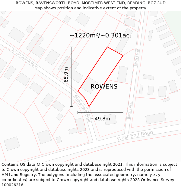 ROWENS, RAVENSWORTH ROAD, MORTIMER WEST END, READING, RG7 3UD: Plot and title map