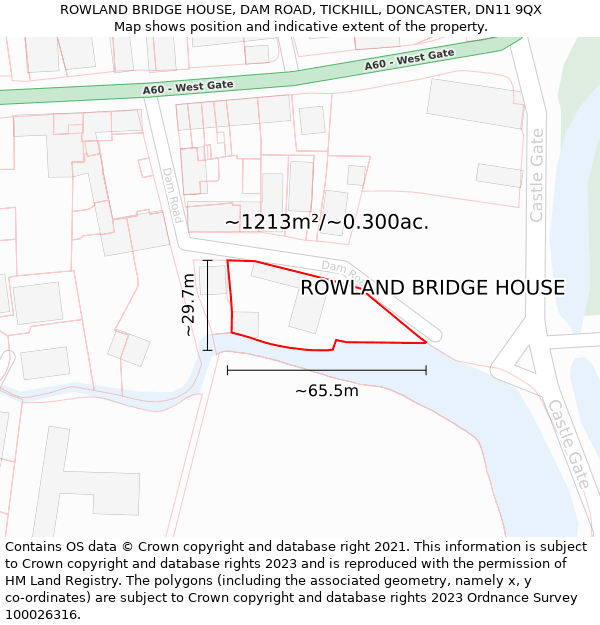 ROWLAND BRIDGE HOUSE, DAM ROAD, TICKHILL, DONCASTER, DN11 9QX: Plot and title map