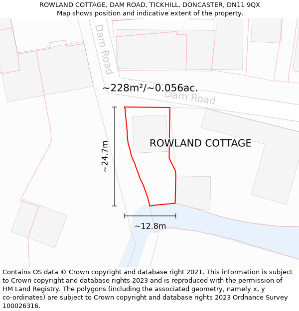 ROWLAND COTTAGE, DAM ROAD, TICKHILL, DONCASTER, DN11 9QX: Plot and title map