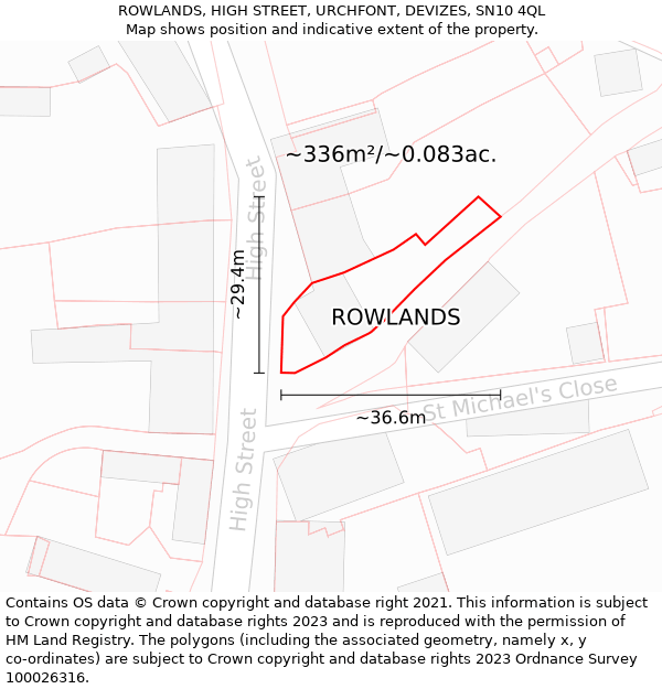 ROWLANDS, HIGH STREET, URCHFONT, DEVIZES, SN10 4QL: Plot and title map