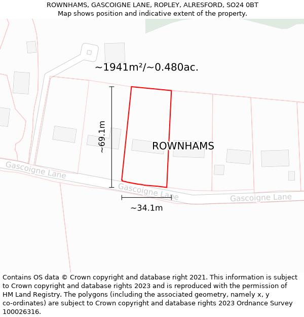 ROWNHAMS, GASCOIGNE LANE, ROPLEY, ALRESFORD, SO24 0BT: Plot and title map