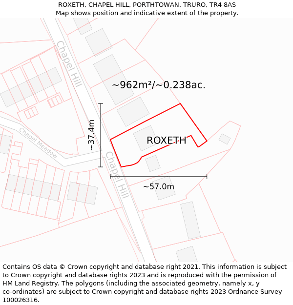 ROXETH, CHAPEL HILL, PORTHTOWAN, TRURO, TR4 8AS: Plot and title map