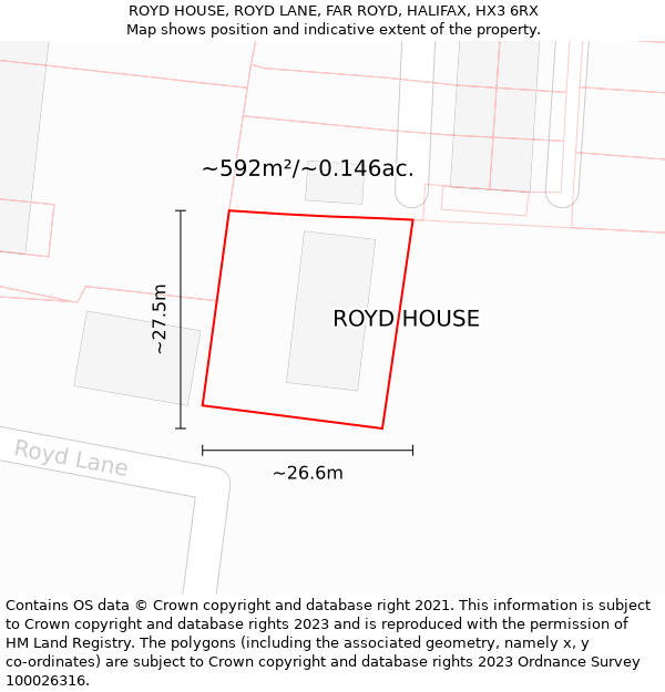 ROYD HOUSE, ROYD LANE, FAR ROYD, HALIFAX, HX3 6RX: Plot and title map