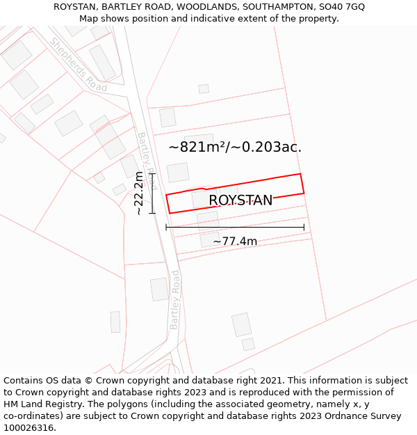 ROYSTAN, BARTLEY ROAD, WOODLANDS, SOUTHAMPTON, SO40 7GQ: Plot and title map