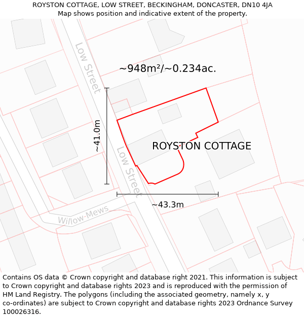 ROYSTON COTTAGE, LOW STREET, BECKINGHAM, DONCASTER, DN10 4JA: Plot and title map