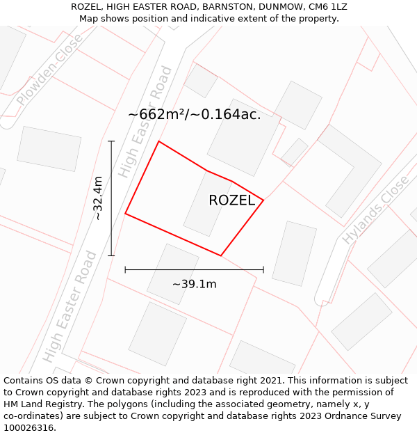 ROZEL, HIGH EASTER ROAD, BARNSTON, DUNMOW, CM6 1LZ: Plot and title map