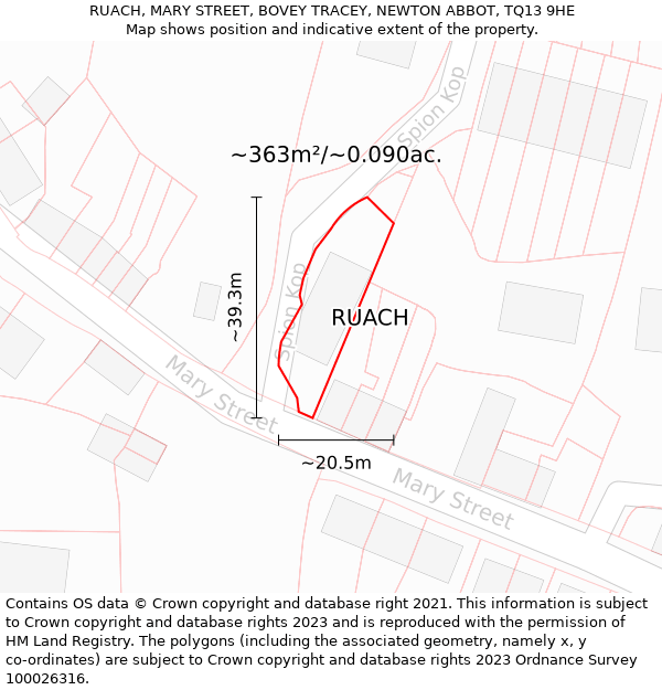 RUACH, MARY STREET, BOVEY TRACEY, NEWTON ABBOT, TQ13 9HE: Plot and title map