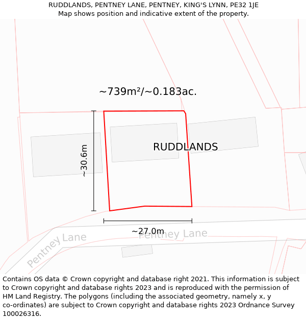 RUDDLANDS, PENTNEY LANE, PENTNEY, KING'S LYNN, PE32 1JE: Plot and title map