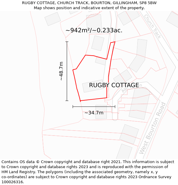 RUGBY COTTAGE, CHURCH TRACK, BOURTON, GILLINGHAM, SP8 5BW: Plot and title map