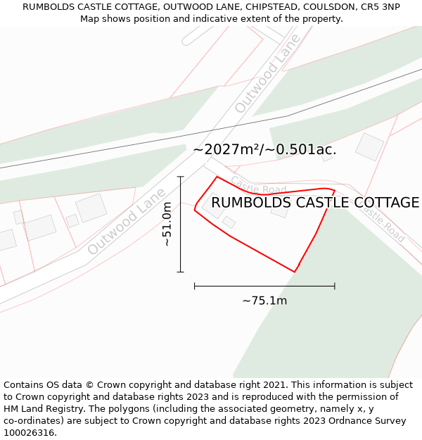 RUMBOLDS CASTLE COTTAGE, OUTWOOD LANE, CHIPSTEAD, COULSDON, CR5 3NP: Plot and title map
