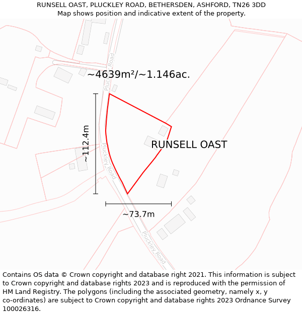 RUNSELL OAST, PLUCKLEY ROAD, BETHERSDEN, ASHFORD, TN26 3DD: Plot and title map