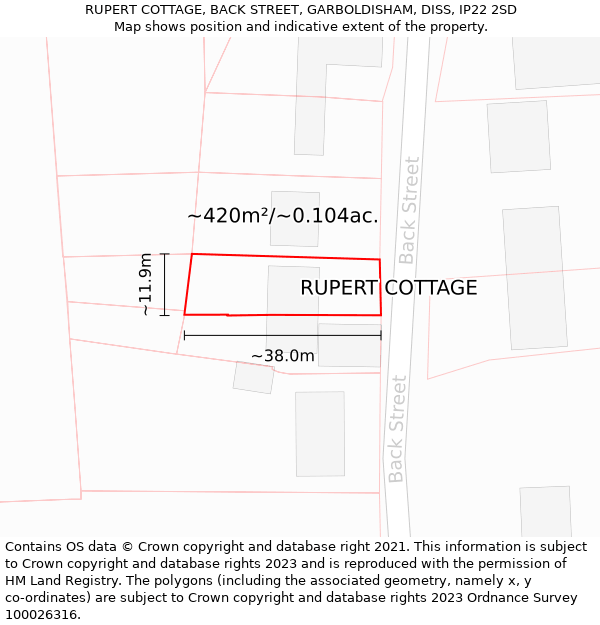 RUPERT COTTAGE, BACK STREET, GARBOLDISHAM, DISS, IP22 2SD: Plot and title map