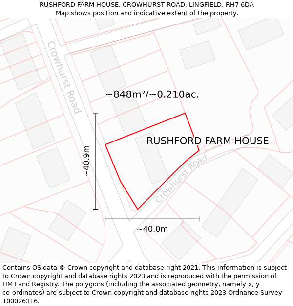 RUSHFORD FARM HOUSE, CROWHURST ROAD, LINGFIELD, RH7 6DA: Plot and title map