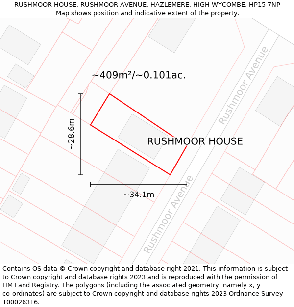 RUSHMOOR HOUSE, RUSHMOOR AVENUE, HAZLEMERE, HIGH WYCOMBE, HP15 7NP: Plot and title map