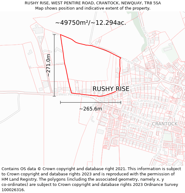 RUSHY RISE, WEST PENTIRE ROAD, CRANTOCK, NEWQUAY, TR8 5SA: Plot and title map