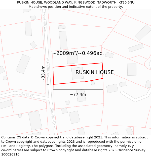 RUSKIN HOUSE, WOODLAND WAY, KINGSWOOD, TADWORTH, KT20 6NU: Plot and title map