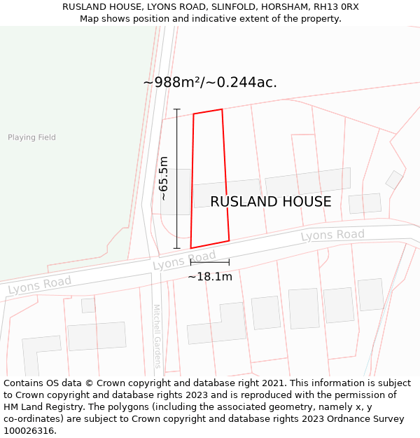 RUSLAND HOUSE, LYONS ROAD, SLINFOLD, HORSHAM, RH13 0RX: Plot and title map
