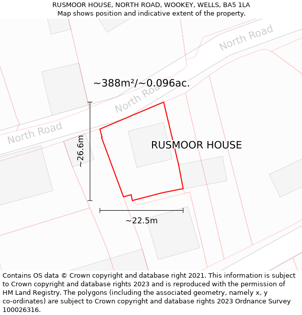 RUSMOOR HOUSE, NORTH ROAD, WOOKEY, WELLS, BA5 1LA: Plot and title map