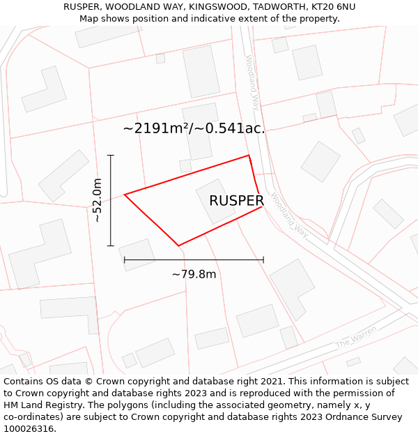 RUSPER, WOODLAND WAY, KINGSWOOD, TADWORTH, KT20 6NU: Plot and title map