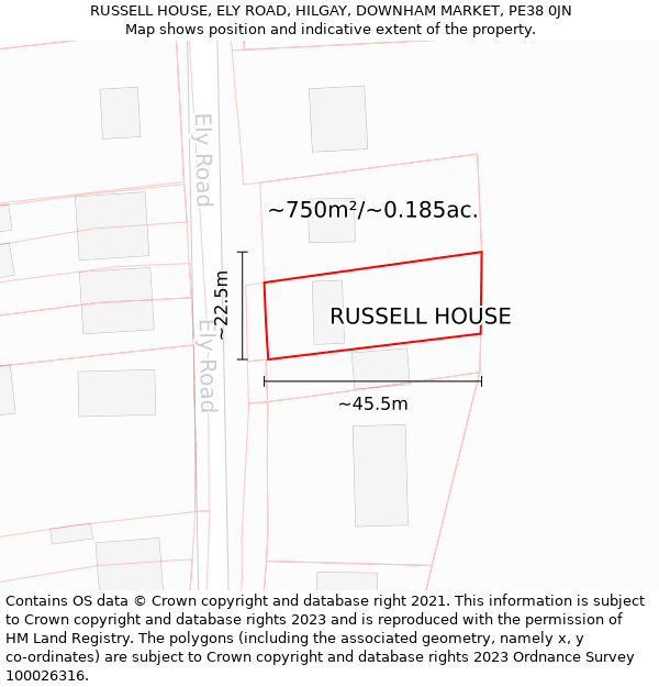 RUSSELL HOUSE, ELY ROAD, HILGAY, DOWNHAM MARKET, PE38 0JN: Plot and title map