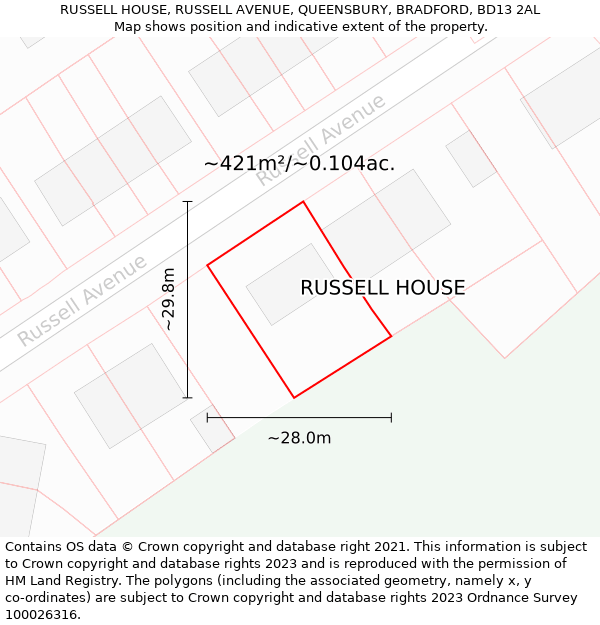 RUSSELL HOUSE, RUSSELL AVENUE, QUEENSBURY, BRADFORD, BD13 2AL: Plot and title map