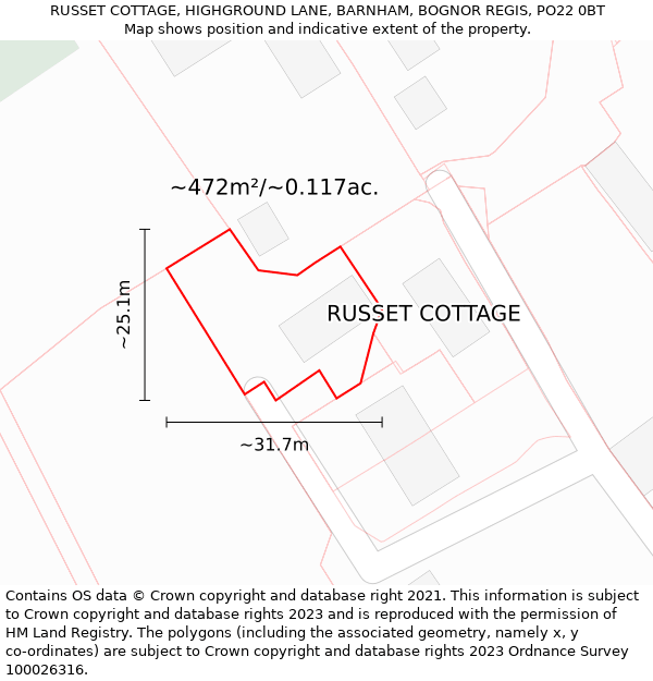 RUSSET COTTAGE, HIGHGROUND LANE, BARNHAM, BOGNOR REGIS, PO22 0BT: Plot and title map