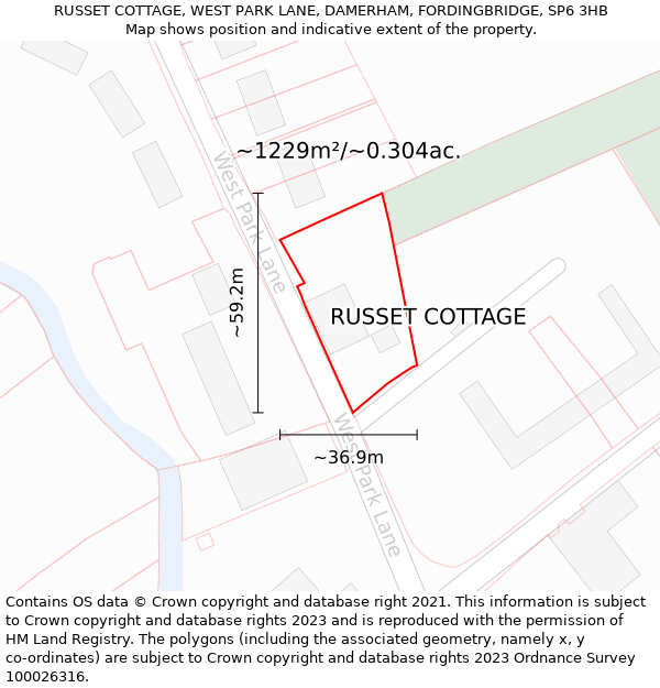 RUSSET COTTAGE, WEST PARK LANE, DAMERHAM, FORDINGBRIDGE, SP6 3HB: Plot and title map