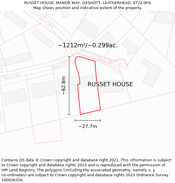 RUSSET HOUSE, MANOR WAY, OXSHOTT, LEATHERHEAD, KT22 0HS: Plot and title map