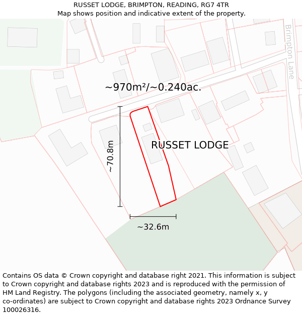 RUSSET LODGE, BRIMPTON, READING, RG7 4TR: Plot and title map