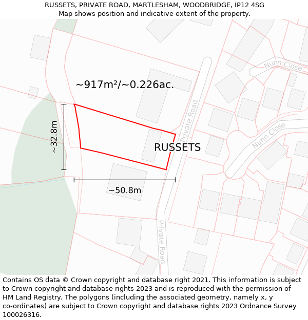 RUSSETS, PRIVATE ROAD, MARTLESHAM, WOODBRIDGE, IP12 4SG: Plot and title map