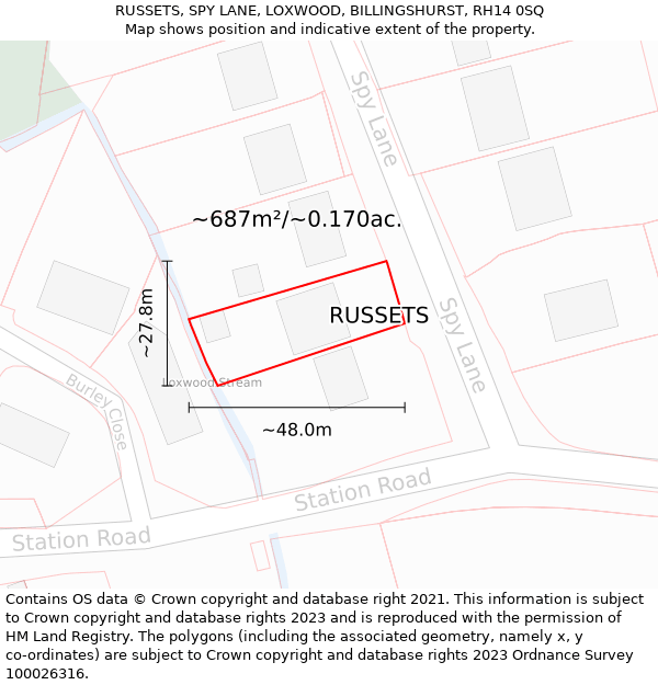 RUSSETS, SPY LANE, LOXWOOD, BILLINGSHURST, RH14 0SQ: Plot and title map