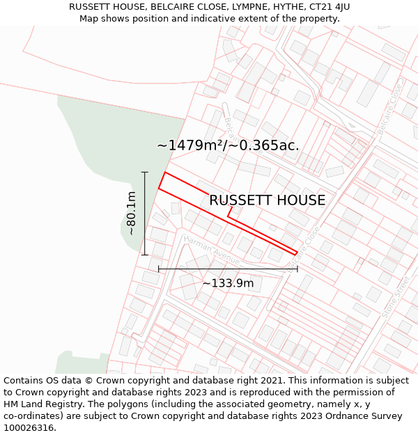 RUSSETT HOUSE, BELCAIRE CLOSE, LYMPNE, HYTHE, CT21 4JU: Plot and title map