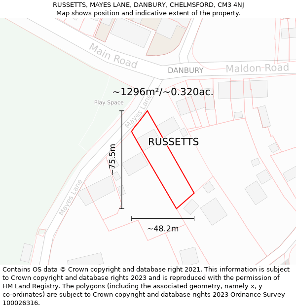 RUSSETTS, MAYES LANE, DANBURY, CHELMSFORD, CM3 4NJ: Plot and title map