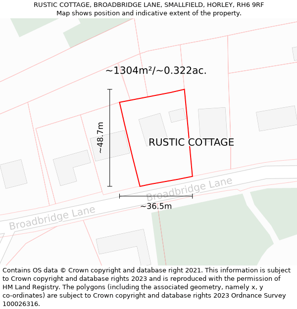 RUSTIC COTTAGE, BROADBRIDGE LANE, SMALLFIELD, HORLEY, RH6 9RF: Plot and title map